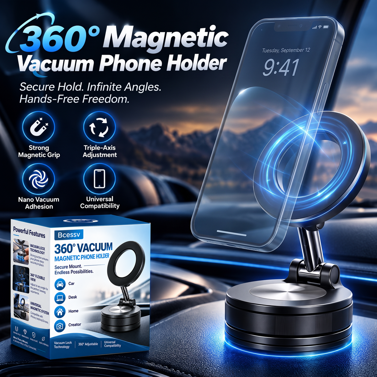 📱360° Vacuum Magnetic Phone Mount – Adjustable Phone Holder for Car, Desk & Home