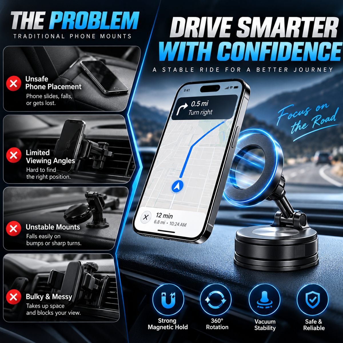📱360° Vacuum Magnetic Phone Mount – Adjustable Phone Holder for Car, Desk & Home