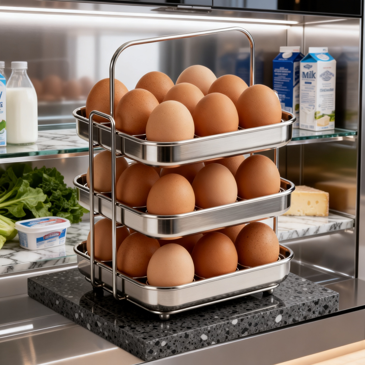 🥚 3-Tier Stainless Steel Egg Holder — Space Saving Kitchen Storage Rack For Fresh Eggs