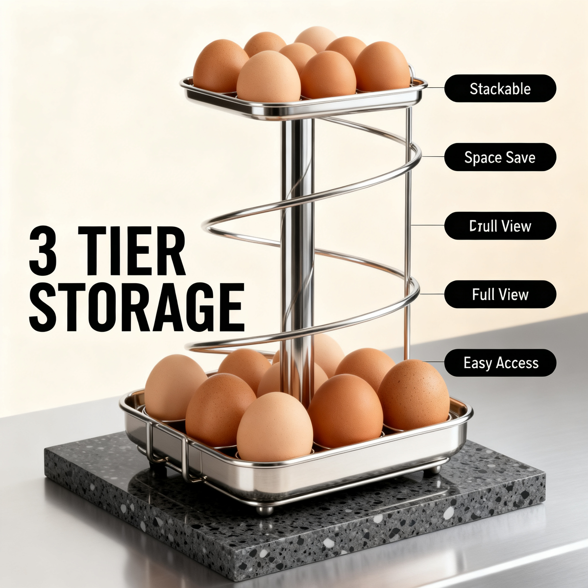 🥚 3-Tier Stainless Steel Egg Holder — Space Saving Kitchen Storage Rack For Fresh Eggs