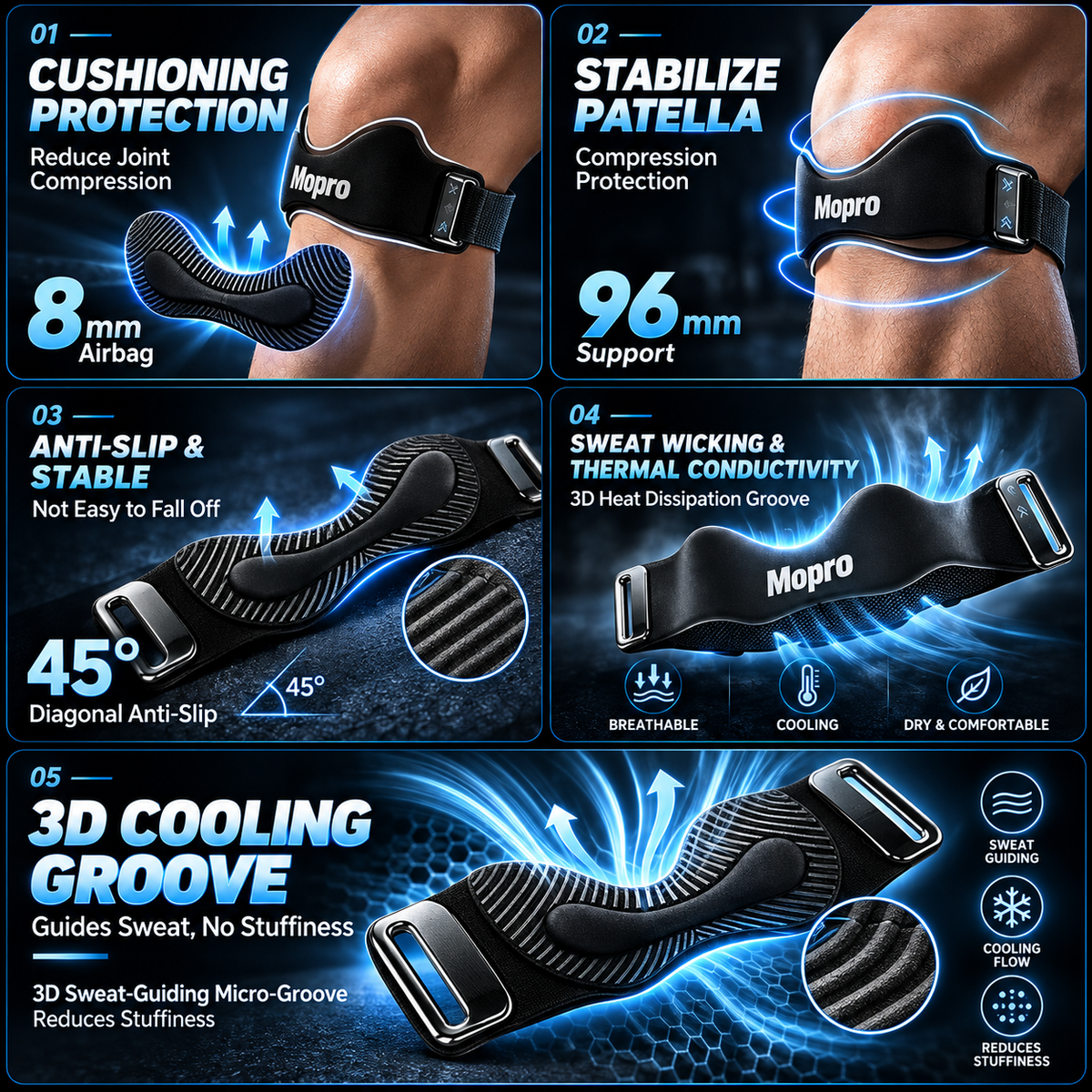 MoproPrecision Knee Support Strap – 2026 Upgraded Patella Support Band  Adjustable, Non-Slip, Shock-Absorbing & Breathable Knee Support for Running, Cycling & Fitness