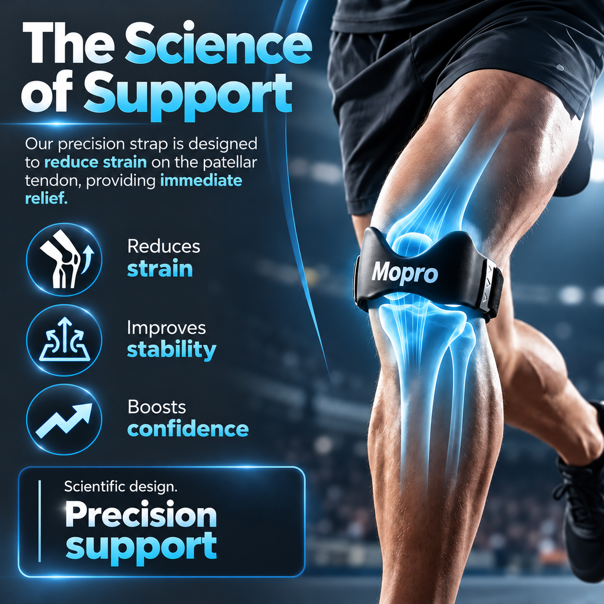 MoproPrecision Knee Support Strap – 2026 Upgraded Patella Support Band  Adjustable, Non-Slip, Shock-Absorbing & Breathable Knee Support for Running, Cycling & Fitness