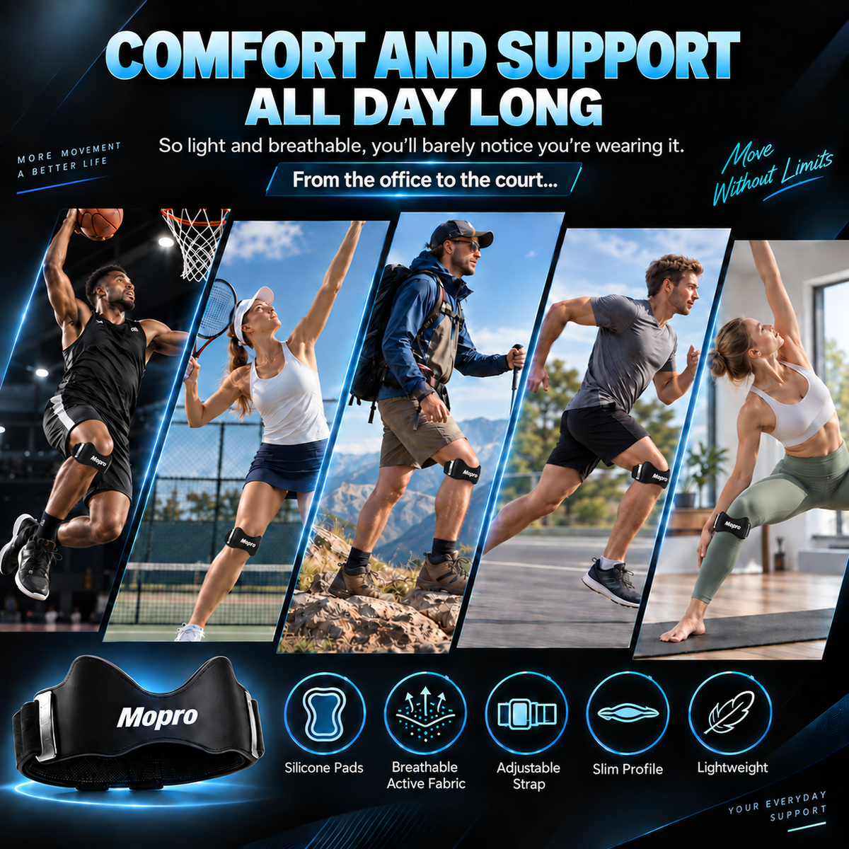 MoproPrecision Knee Support Strap – 2026 Upgraded Patella Support Band  Adjustable, Non-Slip, Shock-Absorbing & Breathable Knee Support for Running, Cycling & Fitness